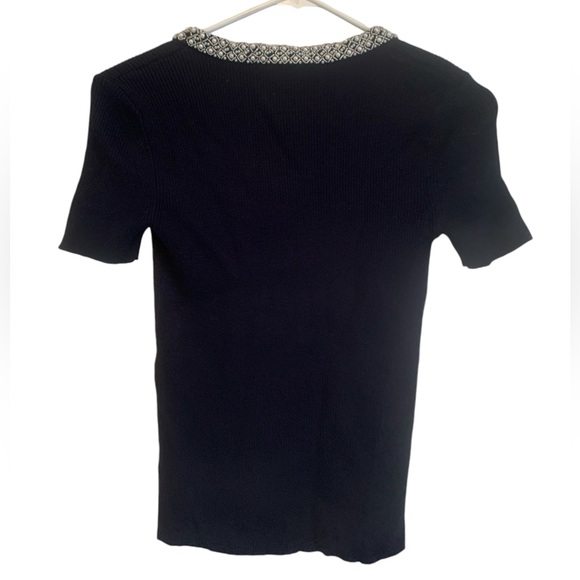 NEW Gorgeous navy blue ribbed knit short sleeve sweater NWT beaded pearl collar - Picture 3 of 8